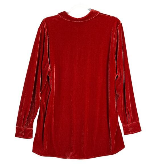 Soft Surroundings Sz L Red‎ Velvet Boyfriend Button Front Tunic Blouse Collared - Picture 2 of 12